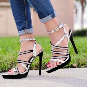 Women's Black Animal Print Rhinestone Strappy High Heels